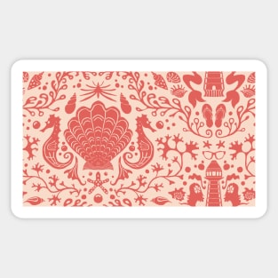 coral summer beach damask pattern with coral red seashells Sticker